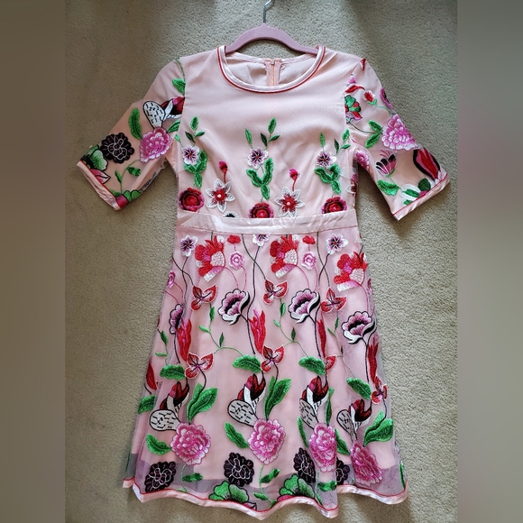 Chicwish embroidered pink mesh floral short dress Medium (fits size small) prom - Picture 2 of 16
